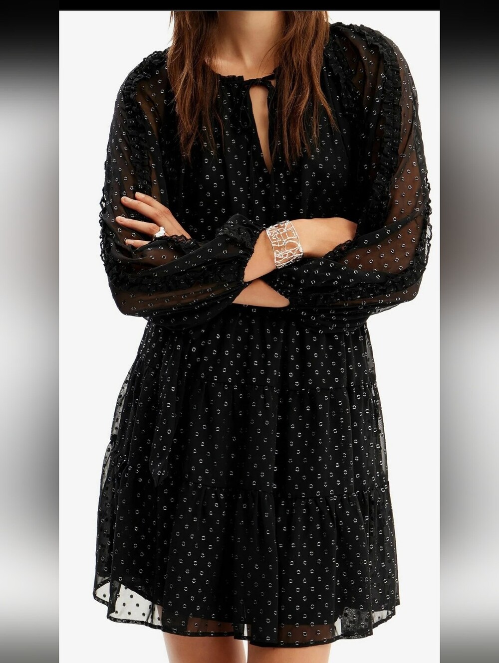 DESIGUAL Women Mini Dress Polka Dot Black Silver Size XL Long Sleeve Holiday